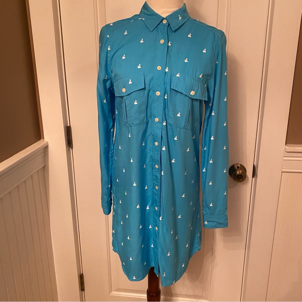 BRAND BLOCK ISLAND RI DRESS SHIFT COVERUP BLUE WHITE LONG TAB SLEEVE SIZE S/M